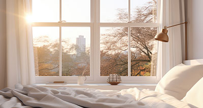 a bedroom with direct sunlight exposure from the window