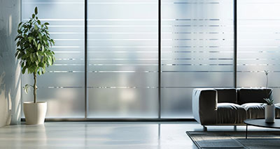 a window in an office tinted with strips of film for a decorative effect