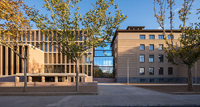 a school building with tinted windows