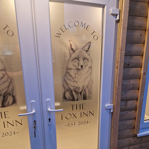 decorative window film applied to a door for The Fox Inn